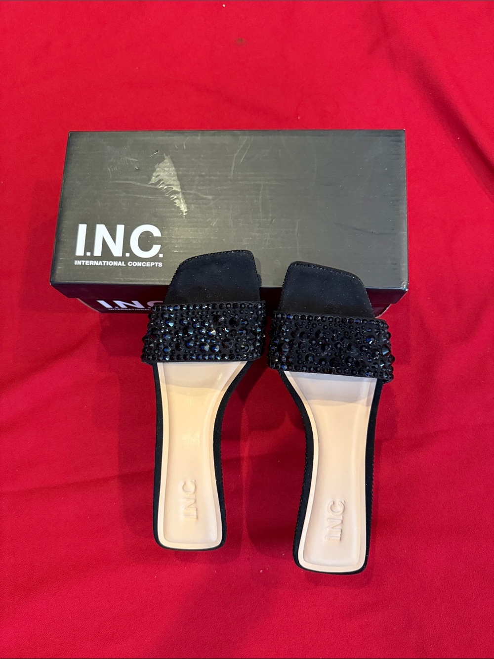 INC International Concepts Black Jeweled Slide Mules NWT and box